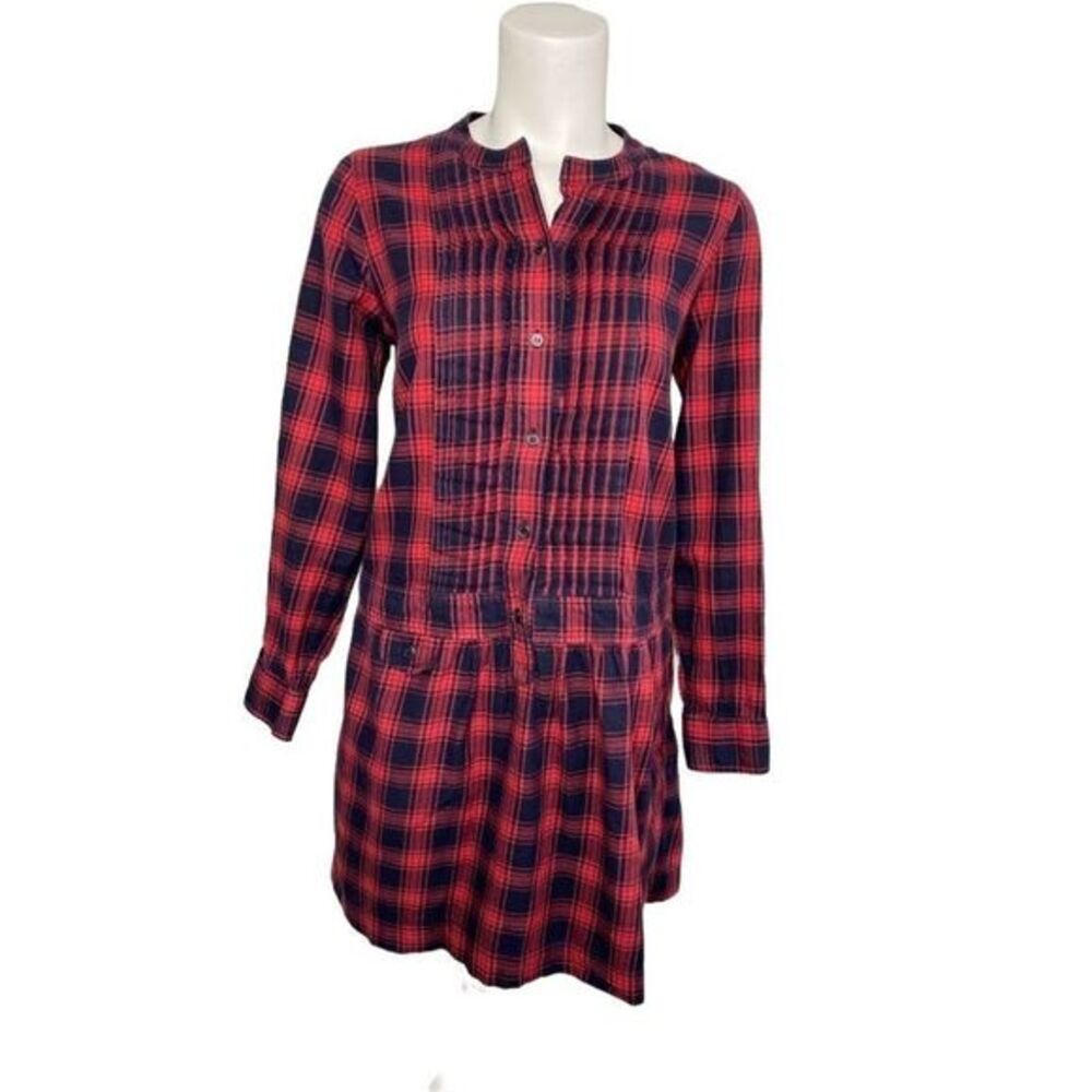 J CREW Red Blue Plaid Drop Waist Pleated Cotton Dress Sz 4